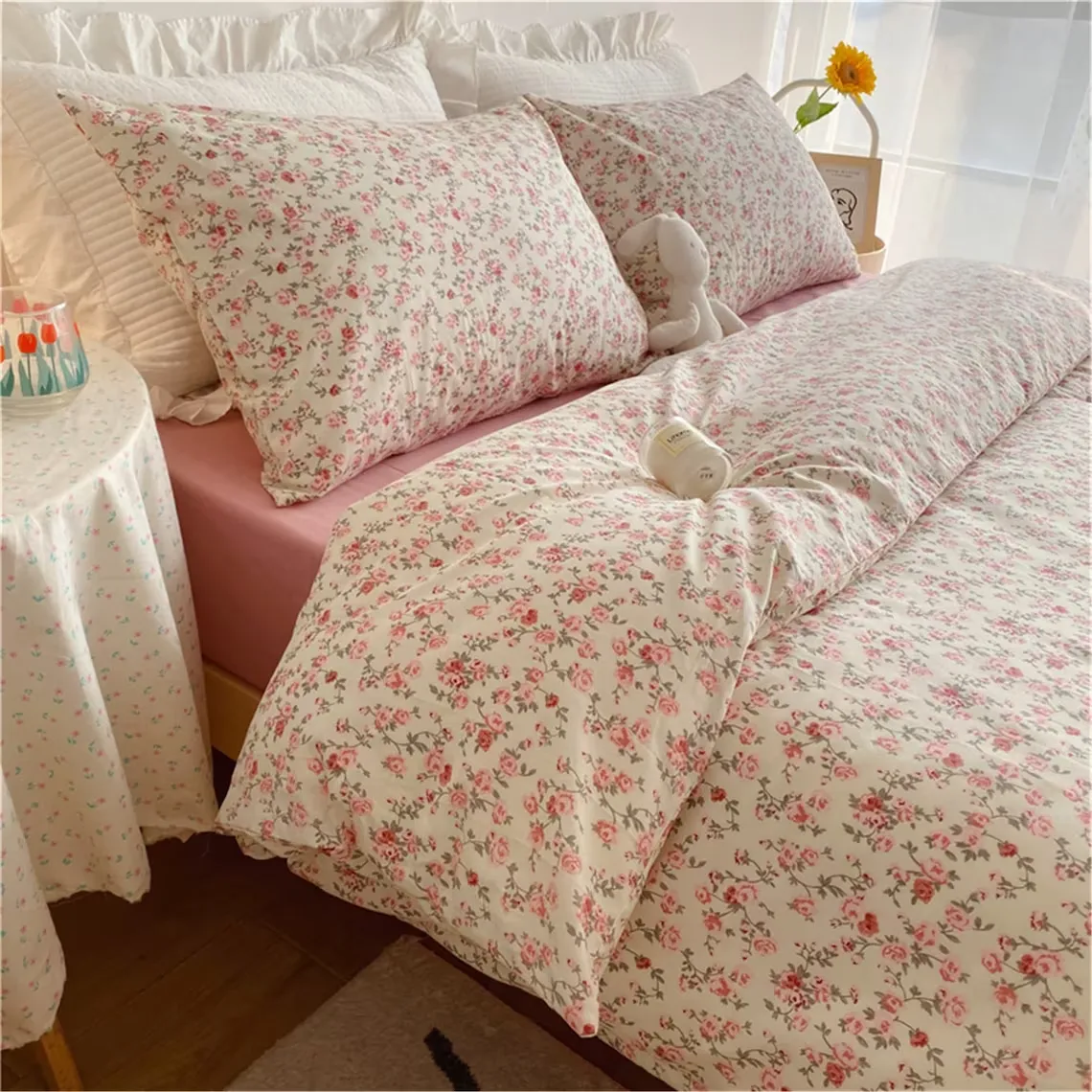 Pink Floral Duvet Cover Set, French Floral Gentle Bedding, Aesthetic Bedding, Cottagecore Bedding, Twin Full Queen King Duvet Cover