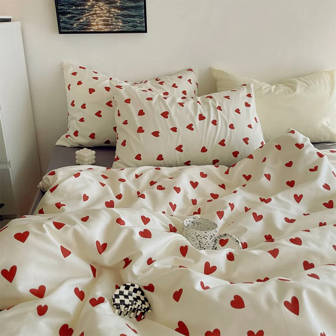 Red Heart Duvet Cover Set, Bedding Sets, Aesthetic Bedding Set, College Dorm Duvet Cover, Duvet Cover Set, Queen King Duvet Cover