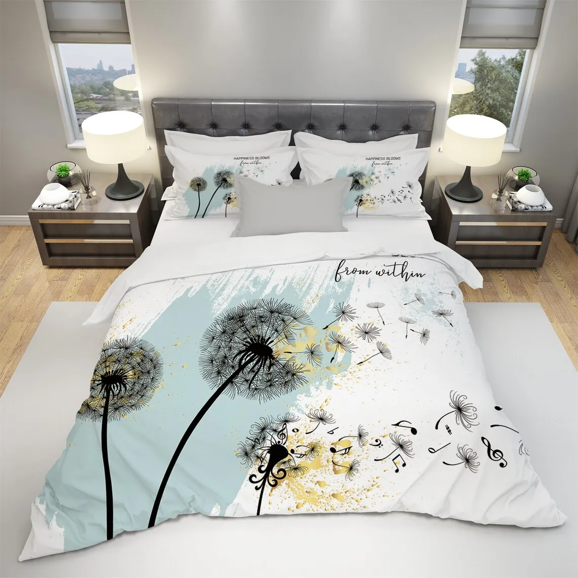 Art Dandelion Bedding Set, Art Dandelion Duvet Cover Set, Art Floral Bedding, Floral Full Bedding, Floral Queen Bedding, Minimal King Bedding