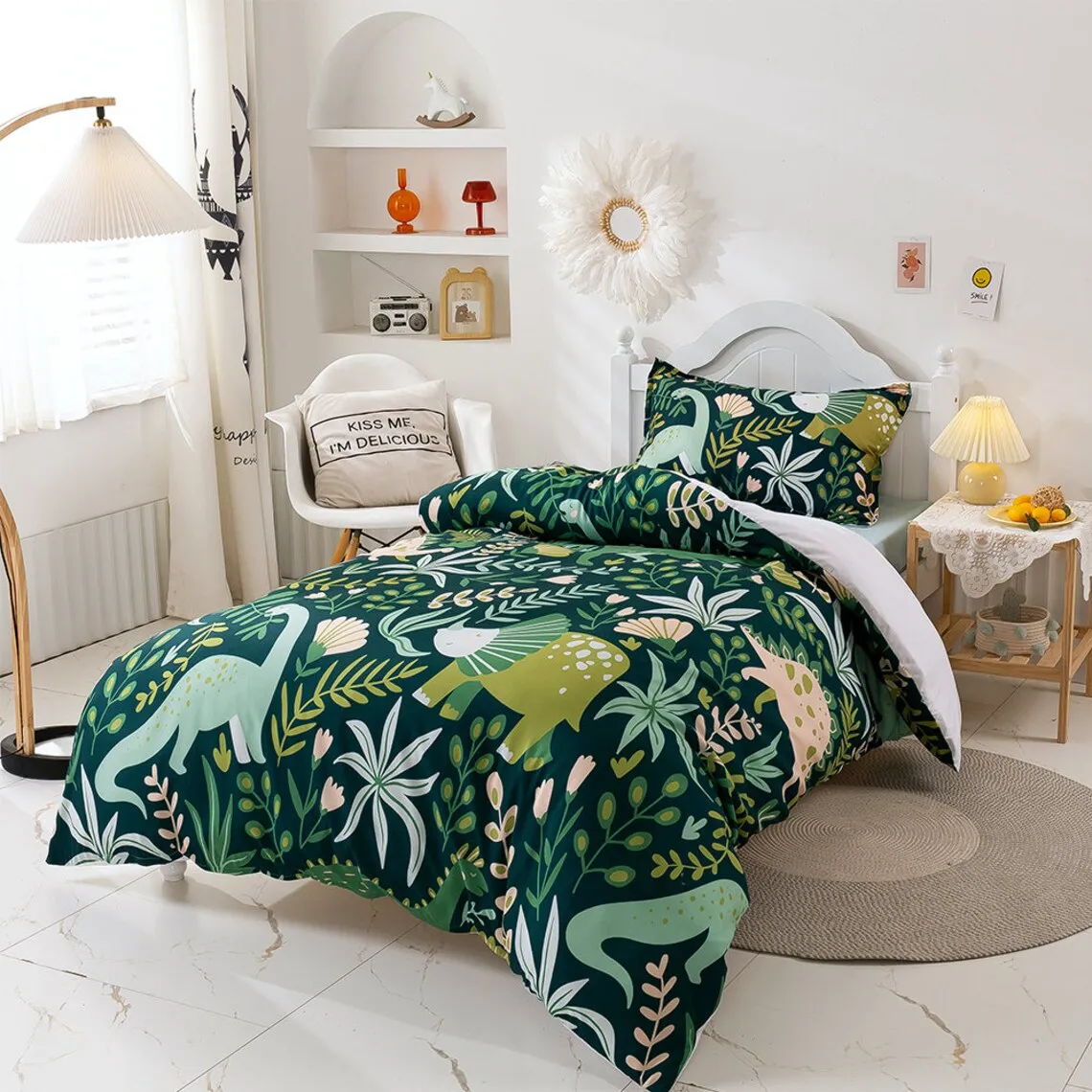 Dinosaur Duvet Covers Set, Leaves Quilt Cover, Green Bedding Set, Plantst Doona Cover, Cartoon Twin Bedding, Kids Bedding Set