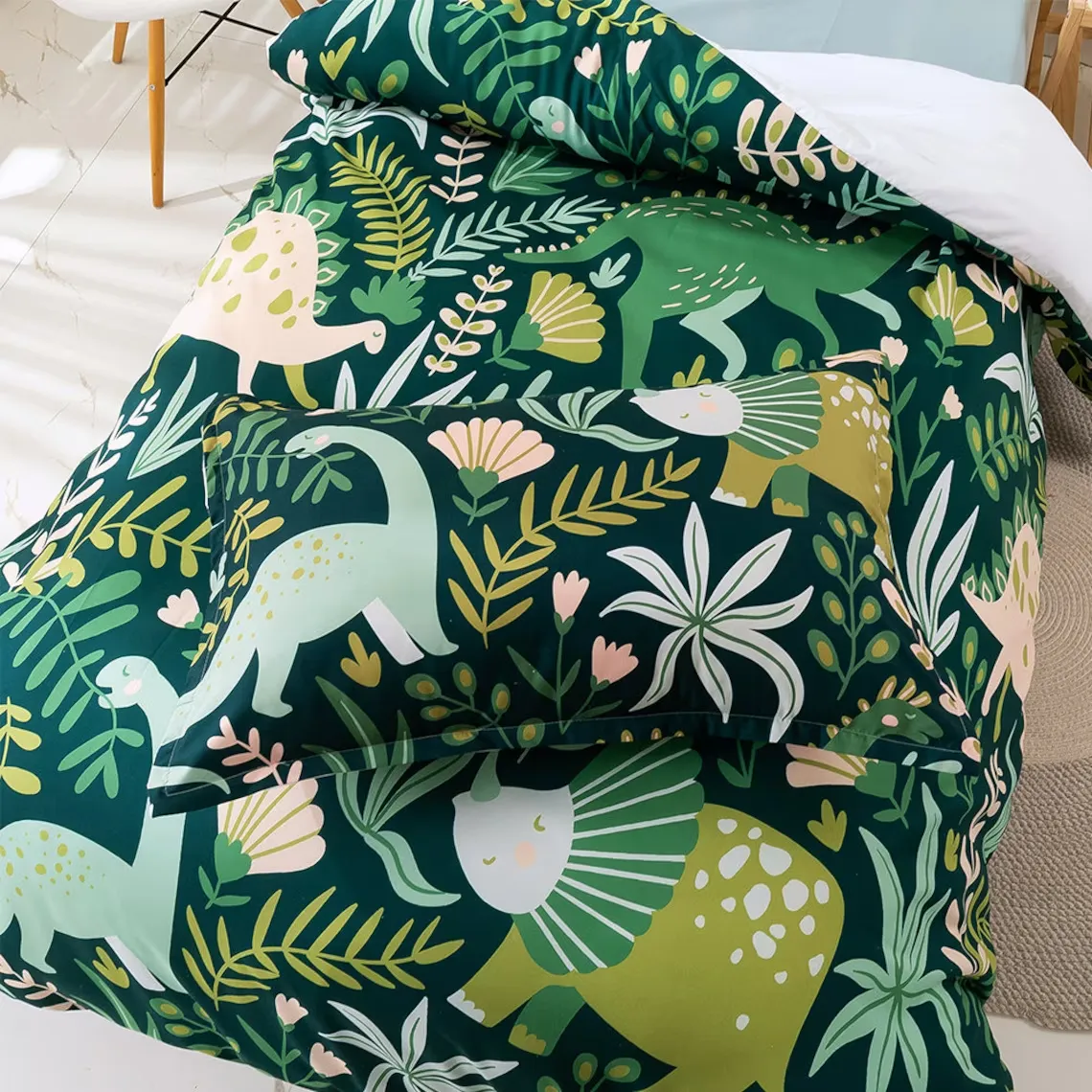 Dinosaur Duvet Covers Set, Leaves Quilt Cover, Green Bedding Set, Plantst Doona Cover, Cartoon Twin Bedding, Kids Bedding Set