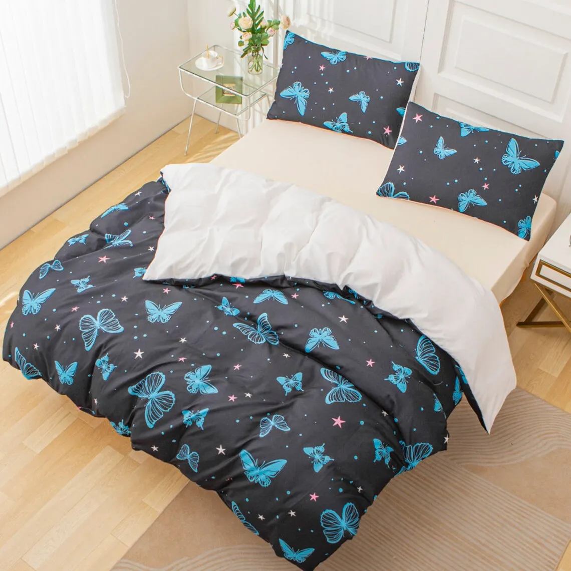 Butterfly Duvet Covers Set, Pattern Quilt Cover, Blue Bedding set, Star Doona Cover, Artistic King bedding, Butterfly Bedding Set