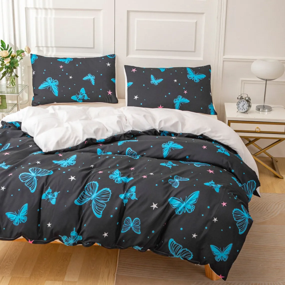 Butterfly Duvet Covers Set, Pattern Quilt Cover, Blue Bedding set, Star Doona Cover, Artistic King bedding, Butterfly Bedding Set