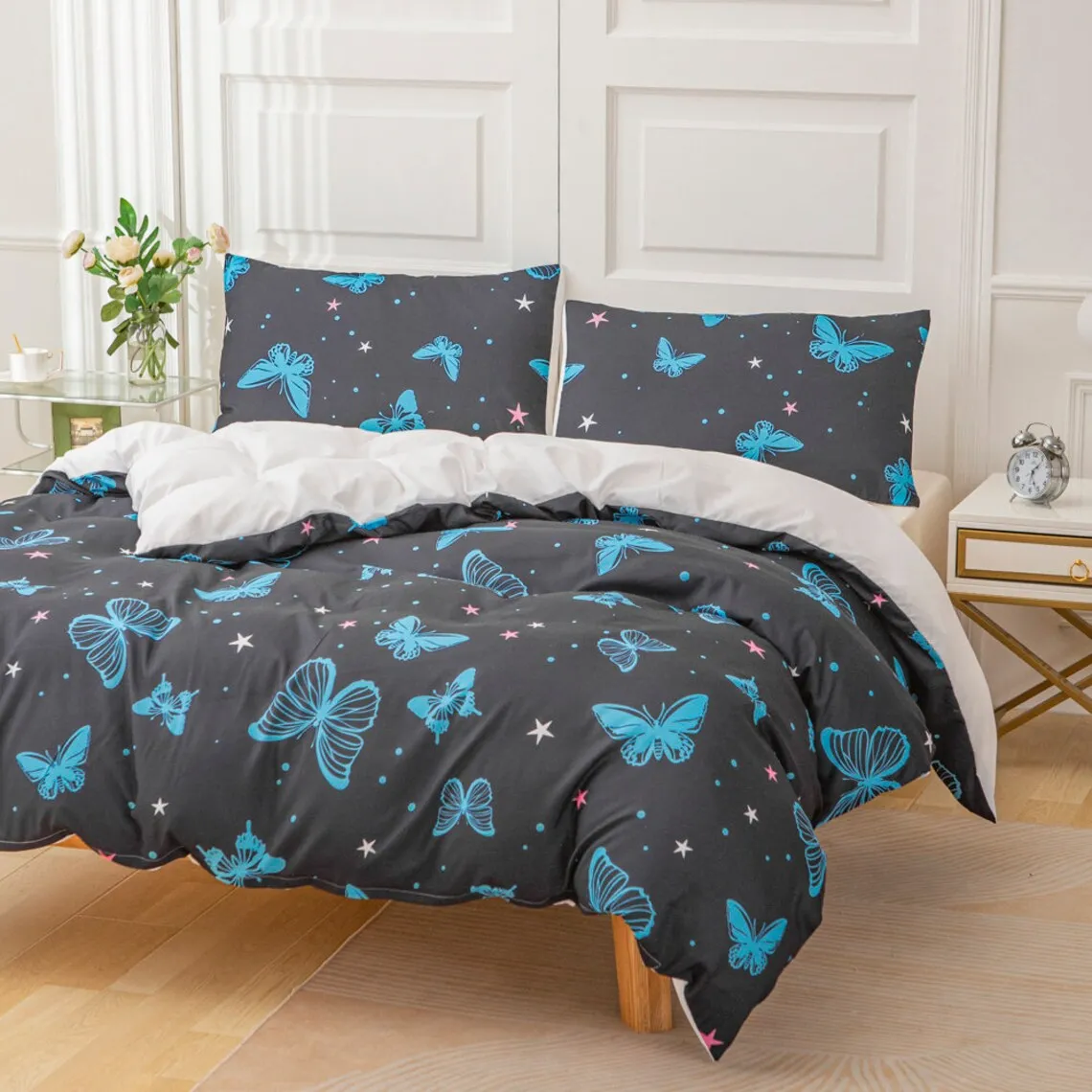 Butterfly Duvet Covers Set, Pattern Quilt Cover, Blue Bedding set, Star Doona Cover, Artistic King bedding, Butterfly Bedding Set