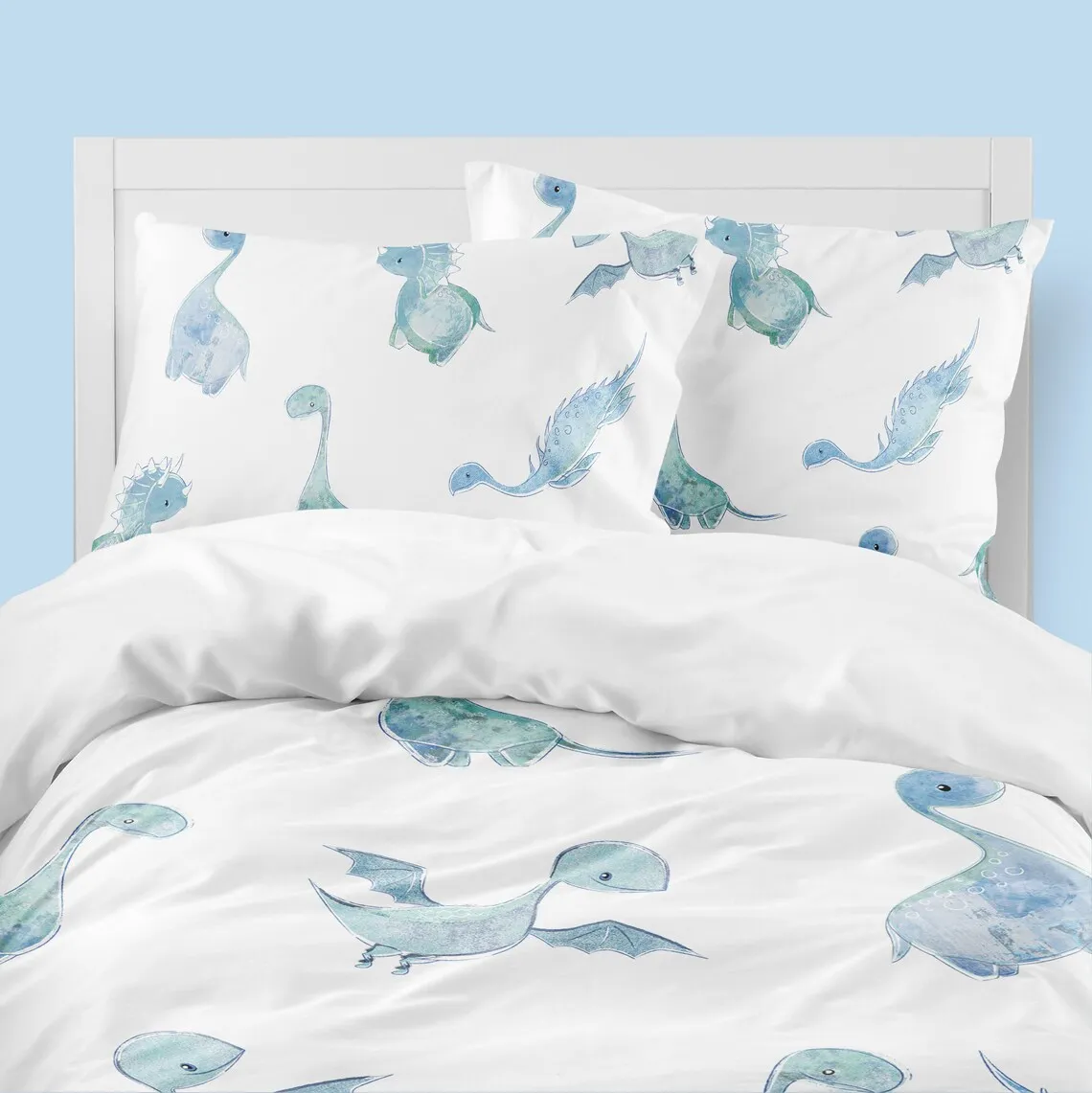 Blue Baby Dinosaur duvet cover with pillow case toddler boy cotton bedding set in twin, full, queen & king size