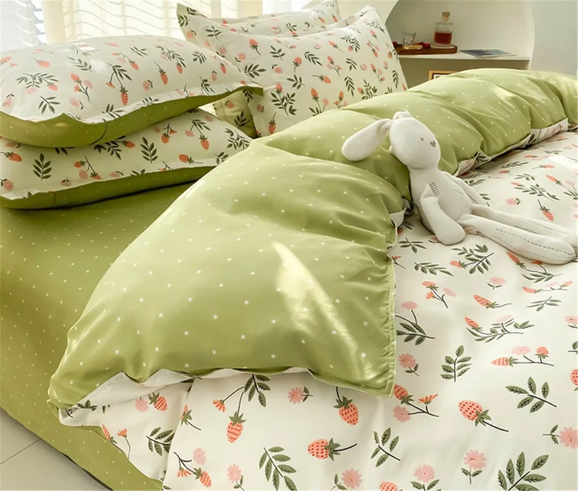 Fresh Strawberry Floral Duvet Cover Set, Green Cotton Duvet Cover Set, Dorm Bedding Set, Full Queen King Bedding Set, Korean Bedding