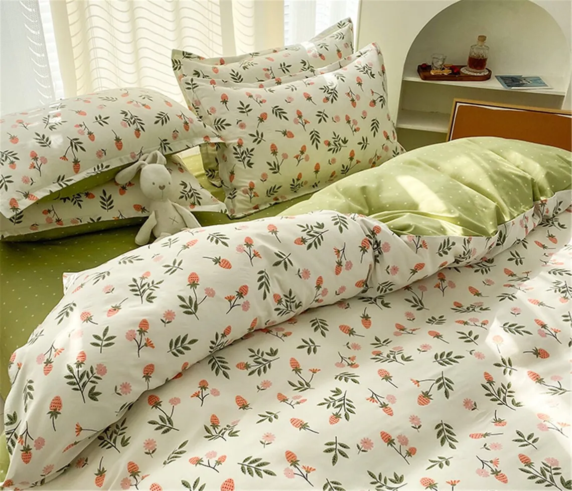 Fresh Strawberry Floral Duvet Cover Set, Green Cotton Duvet Cover Set, Dorm Bedding Set, Full Queen King Bedding Set, Korean Bedding