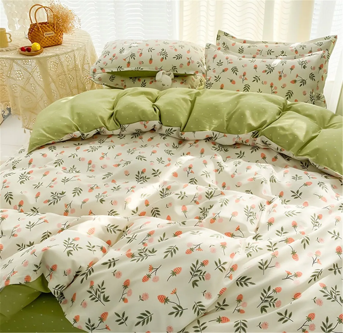 Fresh Strawberry Floral Duvet Cover Set, Green Cotton Duvet Cover Set, Dorm Bedding Set, Full Queen King Bedding Set, Korean Bedding
