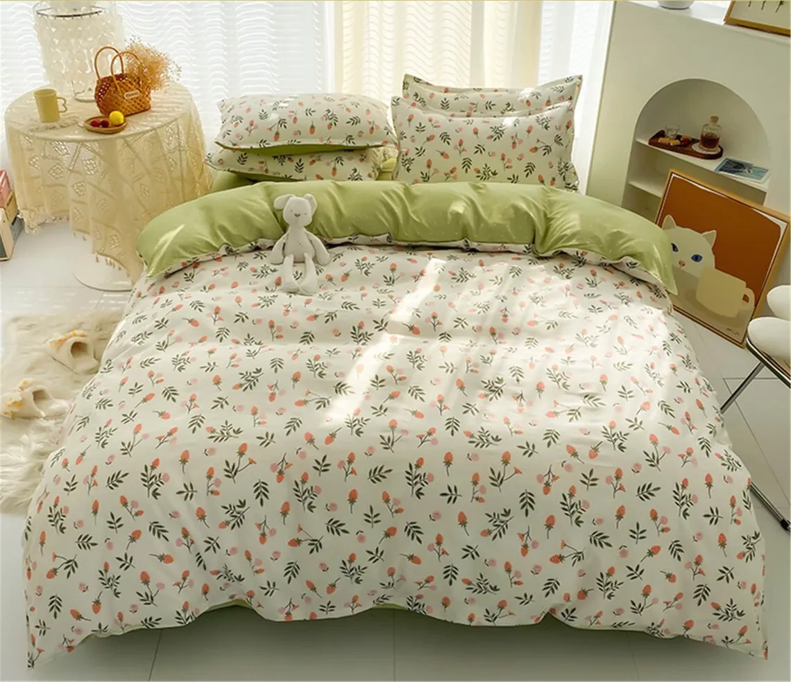 Fresh Strawberry Floral Duvet Cover Set, Green Cotton Duvet Cover Set, Dorm Bedding Set, Full Queen King Bedding Set, Korean Bedding