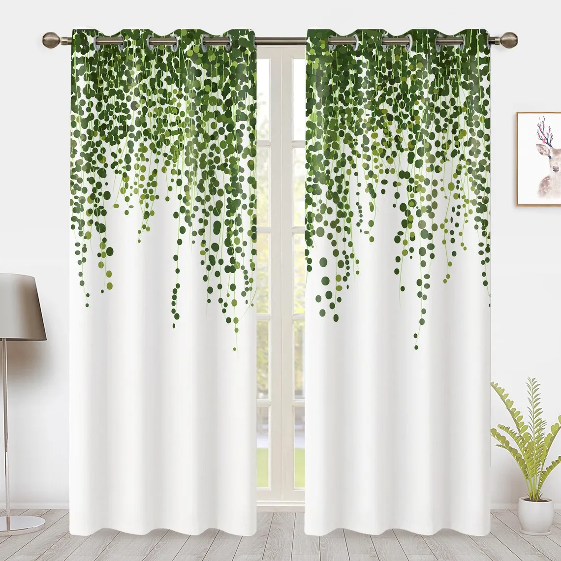 Green botanical Leaves Window Curtain Nature Plant Leaf Drapes 2 Panels Pair Window Treatment Blackout Curtain for Bedroom Home Dorm