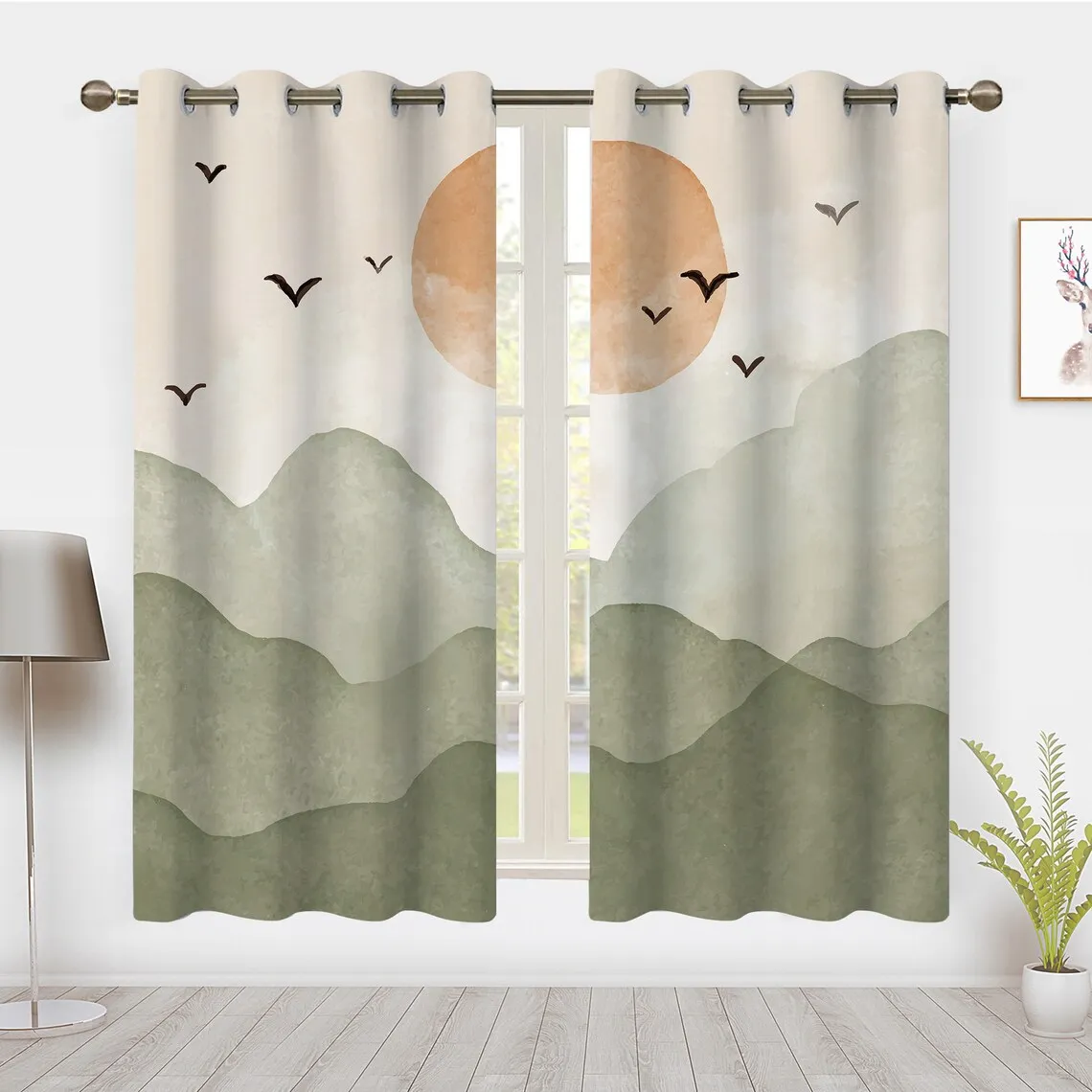 Bohemian Forest Style Window Curtain Sunset Flying bird lines mountains Window Treatment Blackout Curtain Bedroom living room privacy Decor
