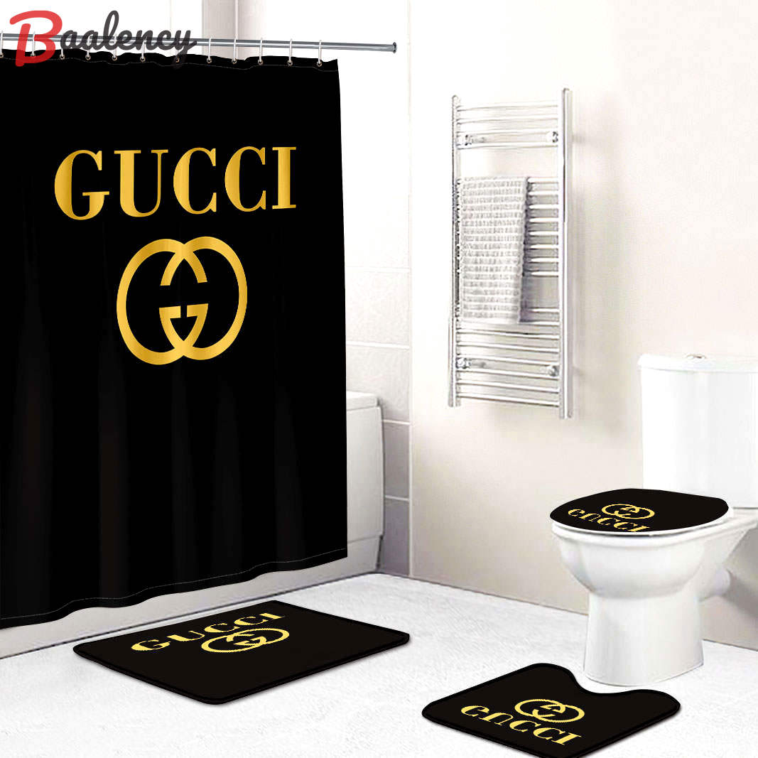 Gucci luxury bathroom set black and gold logo shower curtain
