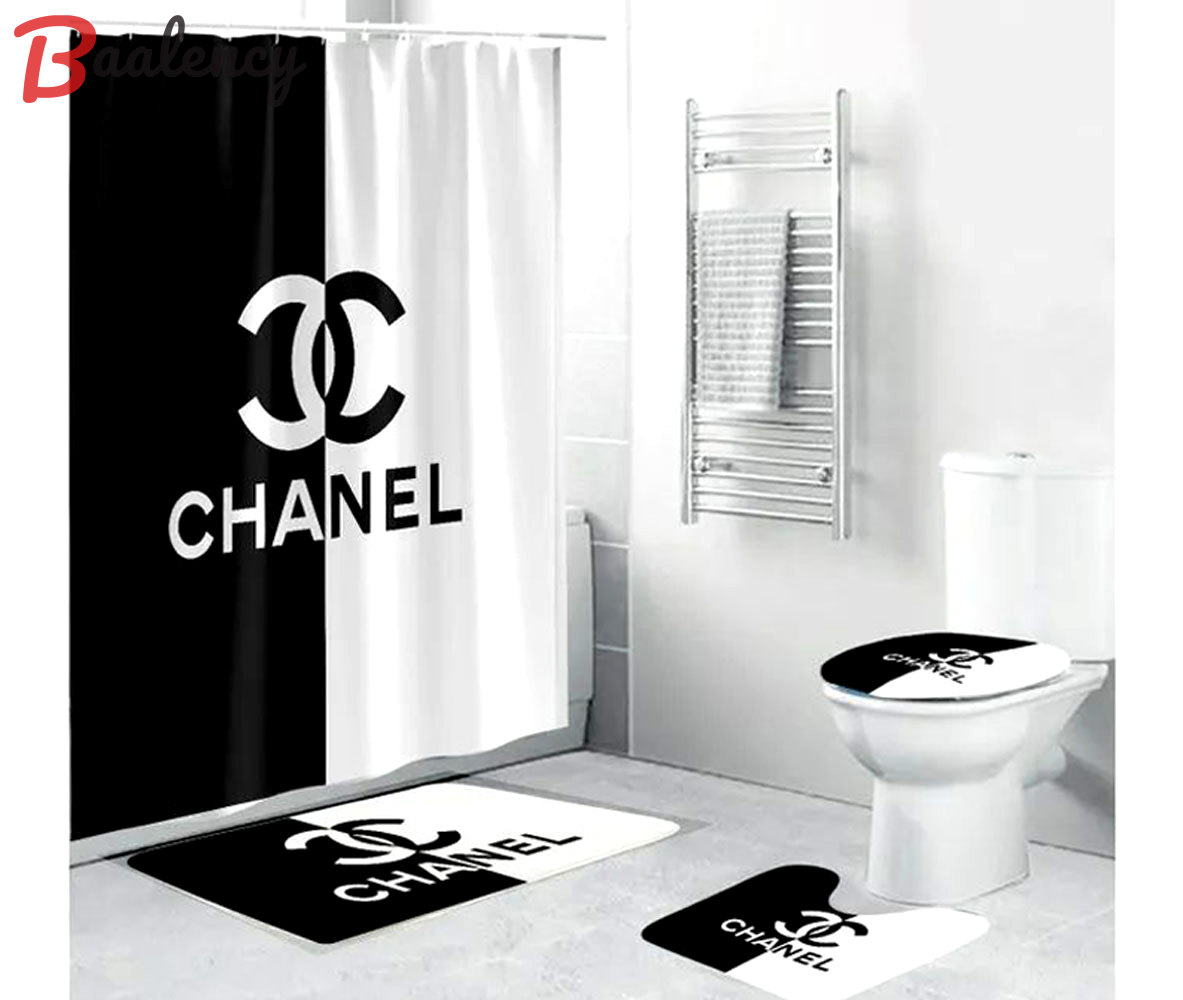 Chanel black white bathroom set hot 2023 luxury shower curtain bath rug mat home decor 263 Bathroom Accessory Sets