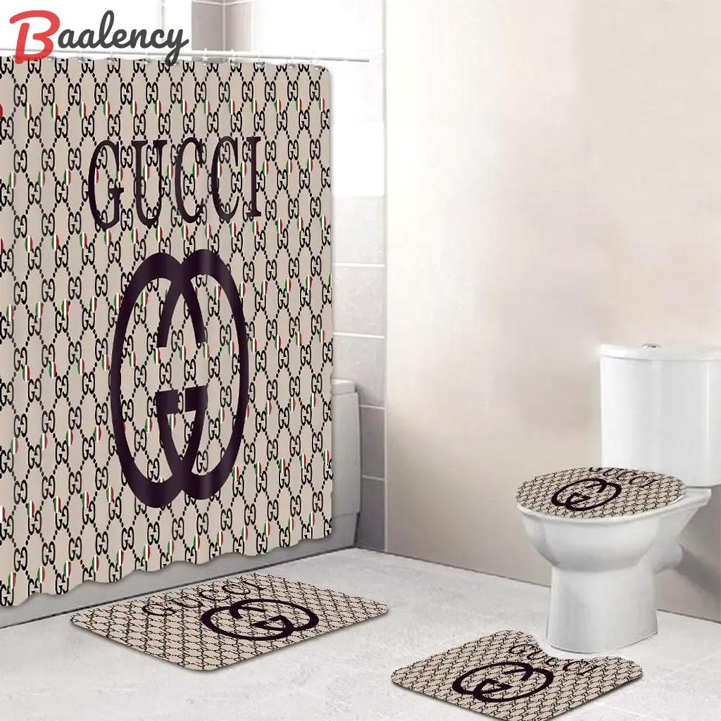 Gucci bathroom set beige and black logo shower curtain 144 Bathroom Set
