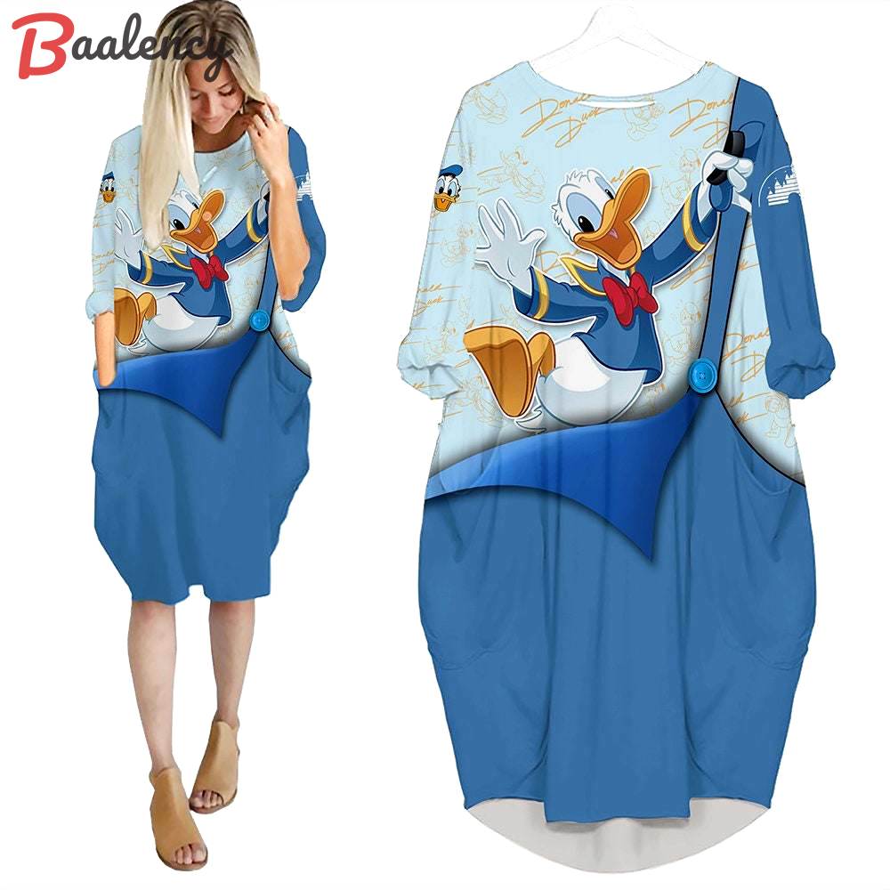 Donald duck blue cute disney cartoon batwing pocket dress outfits women hn Batwing Pocket Dress