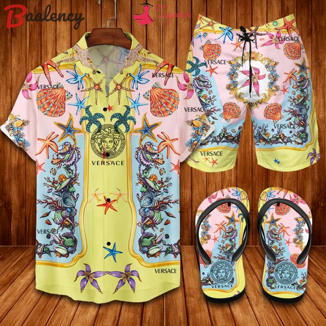 Versace flip flops and combo hawaiian shirt, beach shorts luxury summer clothes style #526 Hawaii Shirt Shorts & Flip Flops