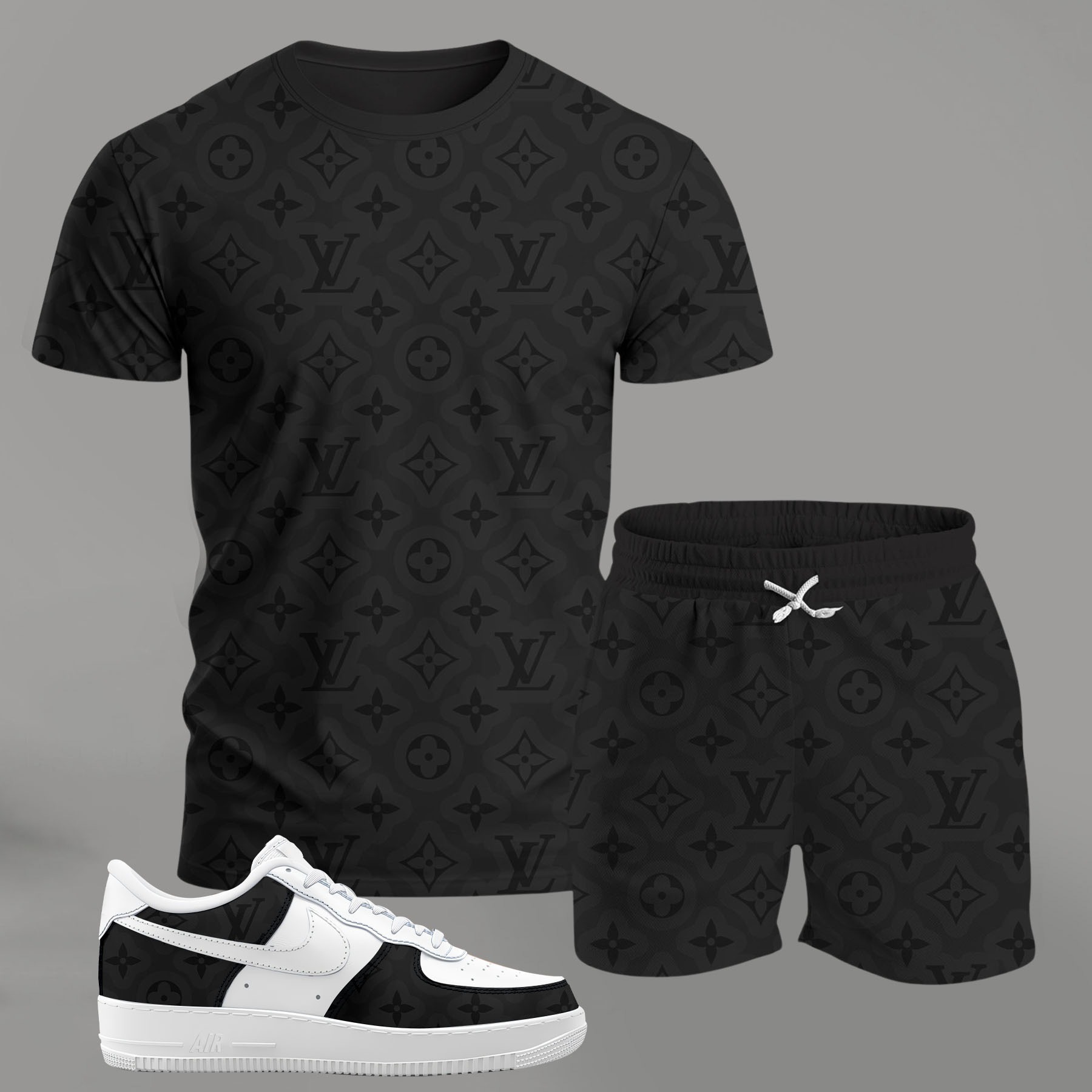 All-black monogram outfit for men, minimalist streetwear t-shirt and shorts set with matching sneakers