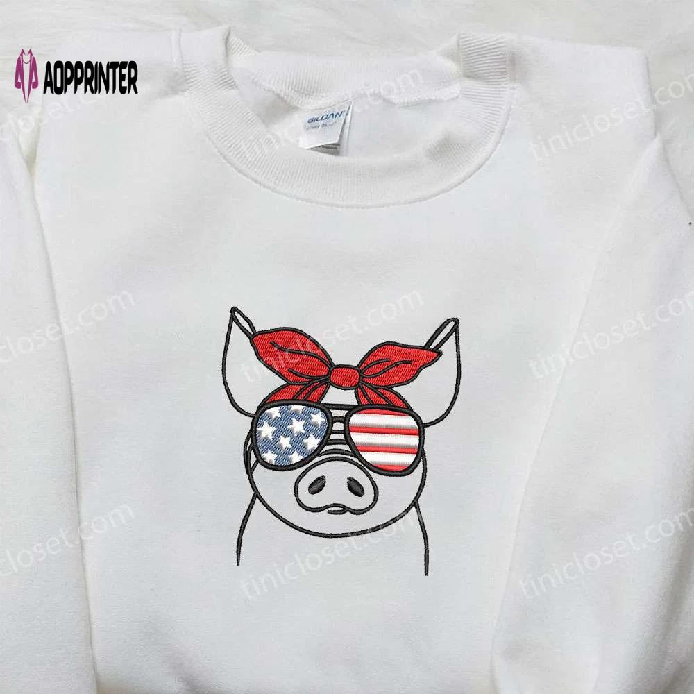 American piggy embroidered shirt: unique animal gift for national day Embroidered Shirt
