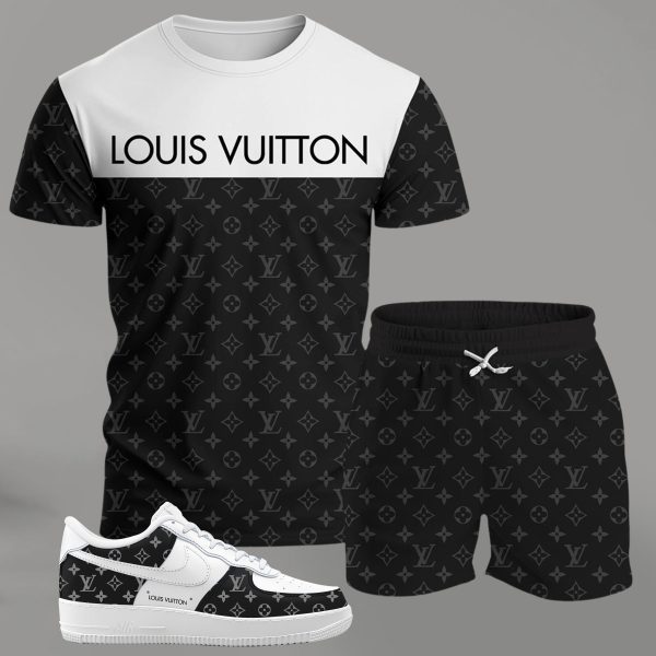 Black and white contrast streetwear set for men, split design t-shirt and monogram shorts with matching sneakers