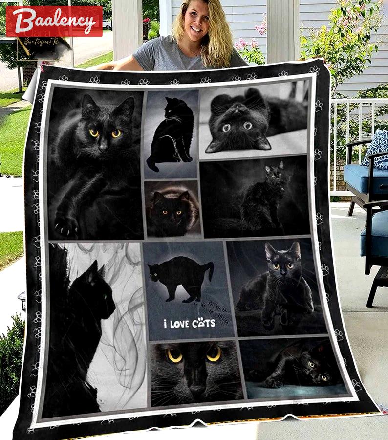 Black cat fleece blanket, mink sherpa blanket, i love cat blanket, black cat quilt, pet lover gift, cat blanket Quilt Blanket