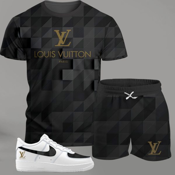 Black geometric luxury set for men, modern patterned t-shirt and shorts combo with minimalist sneakers