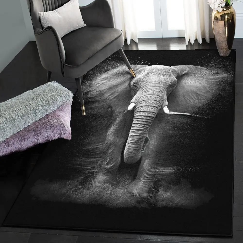 Black non shedding area rug, 3d printed black and white elephant rug Rectangle Rug