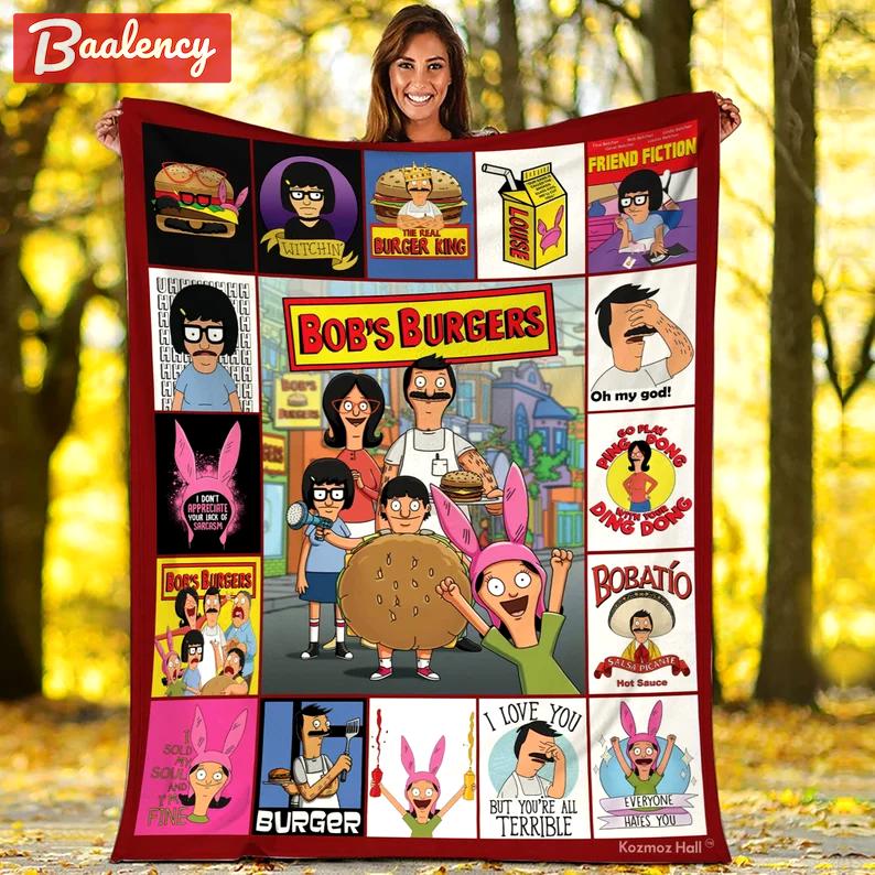 Bob’s burgers fleece blanket, bob burgers family blanket, bob belcher tina belcher real burger king, christmas gift, birthday gifts for kids Quilt Blanket