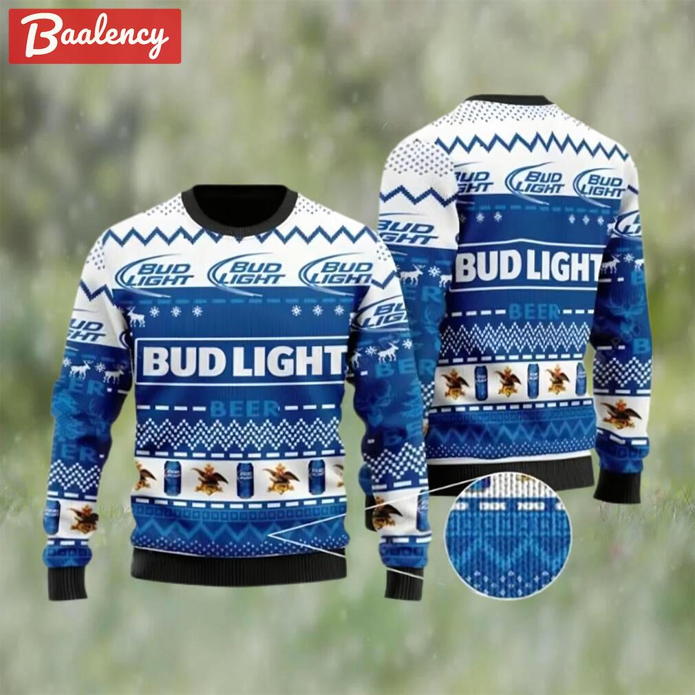 Bud light beer white blue color ugly christmas sweater, faux wool sweater, international beer day, gifts for beer lovers, best christmas gifts for 2022 ? prinvity Christmas Ugly Sweater