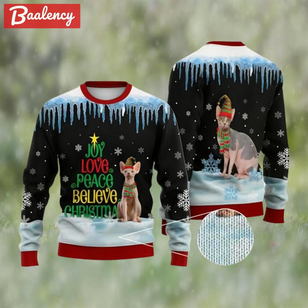 Cat christmas sweater, sphynx cat joy love peace believe ugly christmas sweater Christmas Ugly Sweater