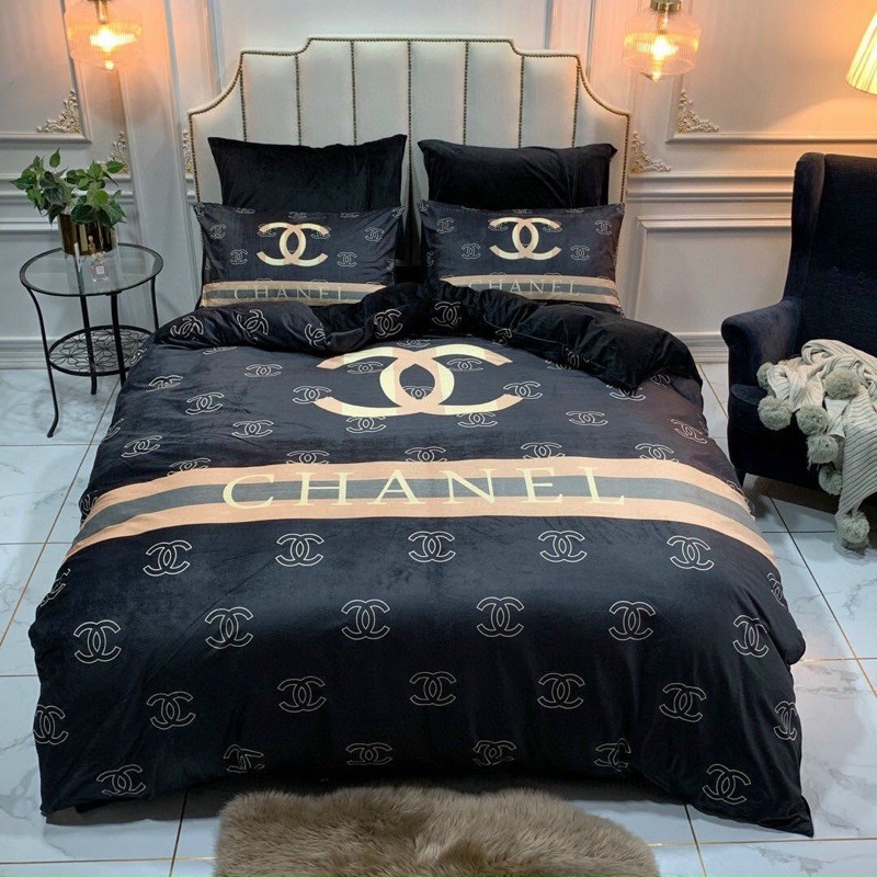 Chanel black gold luxury brand high-end bedding set home decorations 01 Bedding Sets
