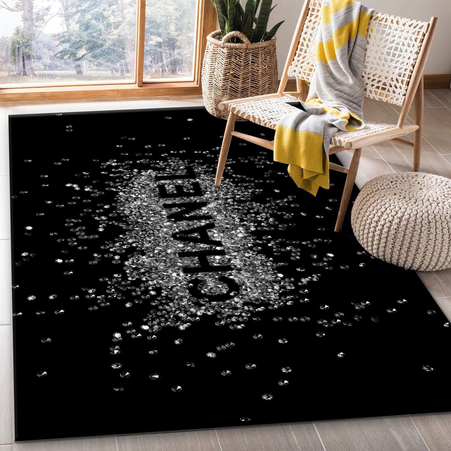 Chanel black logo type 681. Upgrade Your Living Room with Luxury Home Decor: Area Carpets, Floor Decor, Door Mats, and Hot Gift Items with style a High-End Fashion Brand Rectangle Rug