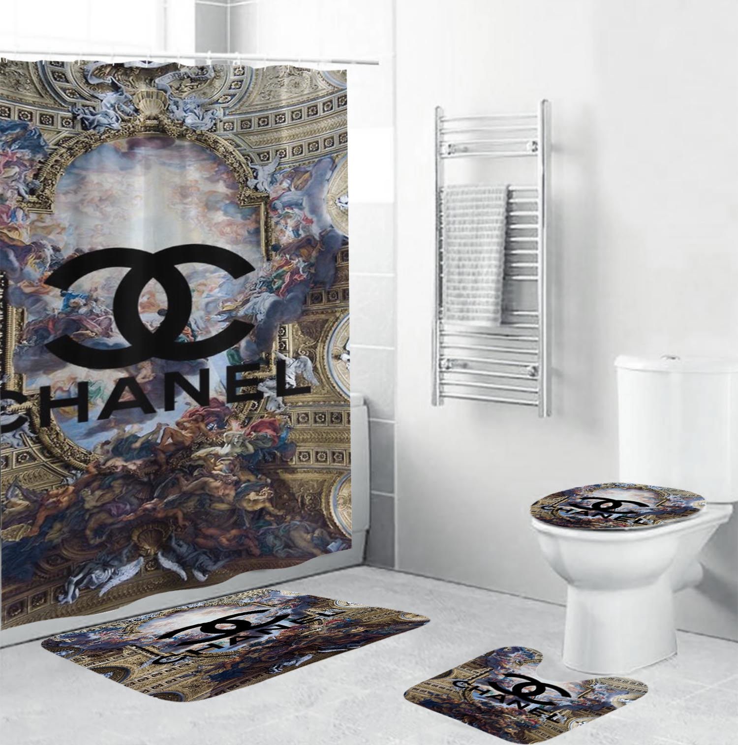 Chanel blackin religion scence logo type 1350 Bathroom Accessory Sets Bath Mat Set Toilet Cover Hypebeast Bathroom Pedestal Rug Waterproof Shower Curtain Luxury Fashion Brand Bathroom Sets Home Decor