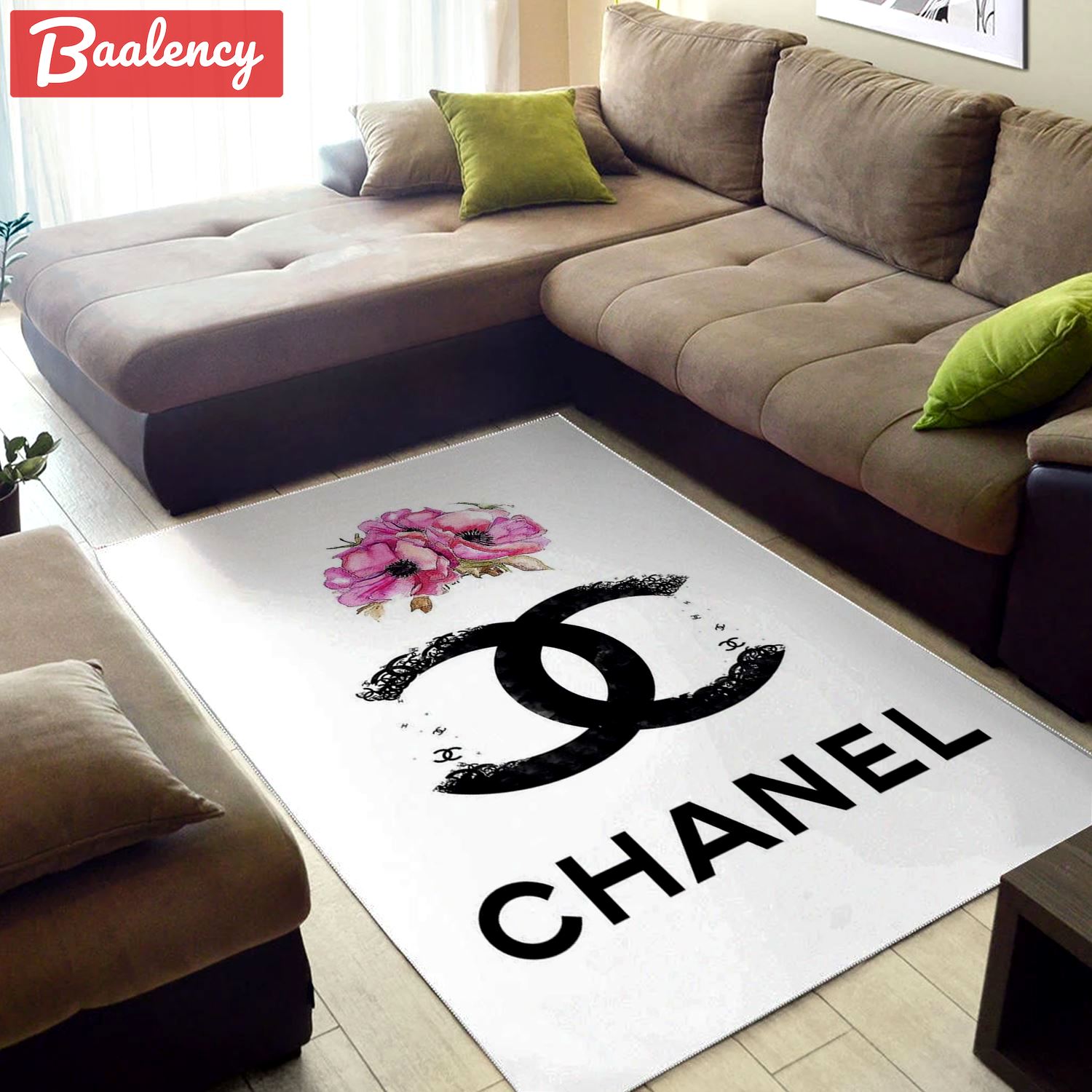 Chanel flower logo type 639. Upgrade Your Living Room with Luxury Home Decor: Area Carpets, Floor Decor, Door Mats, and Hot Gift Items with style a High-End Fashion Brand Rectangle Rug
