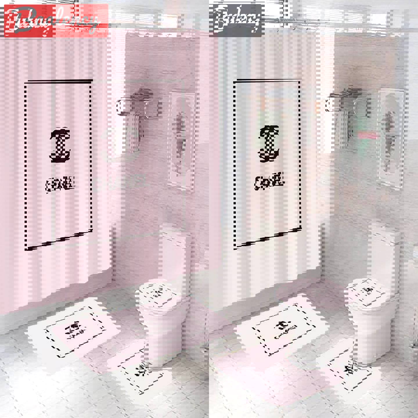 Chanel light pink bathroom set home decor bath mat hypebeast luxury fashion brand Bathroom Set