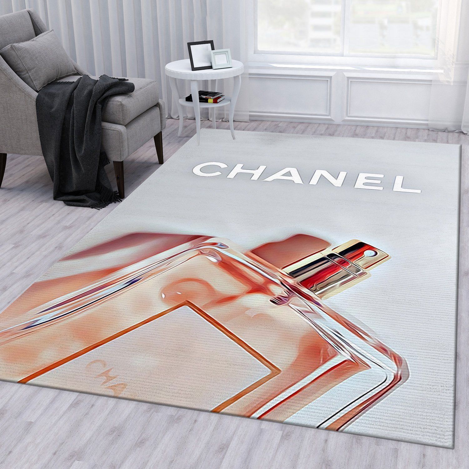 Chanel perfume art logo type 570. Upgrade Your Living Room with Luxury Home Decor: Area Carpets, Floor Decor, Door Mats, and Hot Gift Items with style a High-End Fashion Brand Rectangle Rug