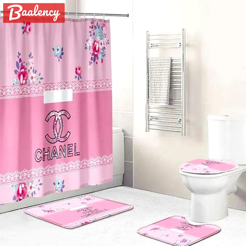 Chanel pink flower bathroom set luxury fashion brand hypebeast bath mat home decor Bathroom Set