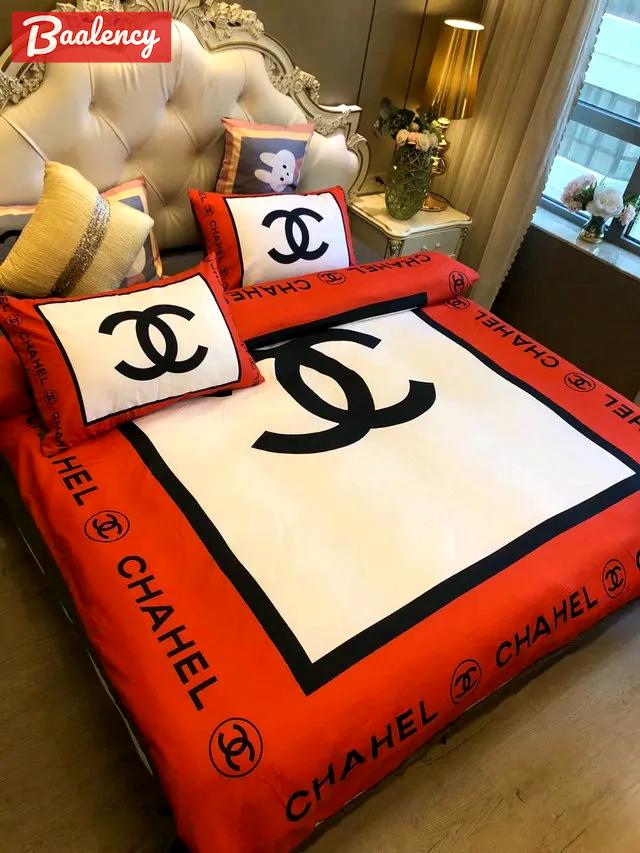 Chanel red printed bedding sets quilt sets duvet cover luxury brand bedding decor bedroom sets best luxury bed sets gift thankgivings and christmas Bedding Sets