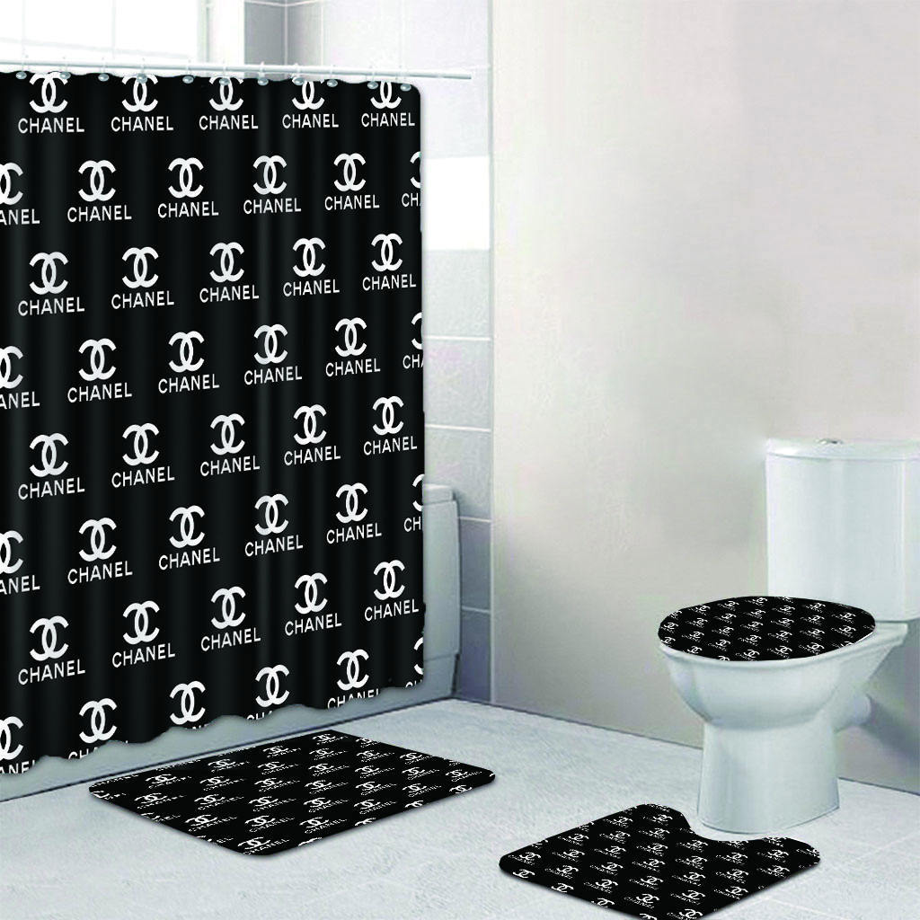 Chanel shower curtain black and white multi logo luxury bath mat sets shower curtain 28 Bathroom Set