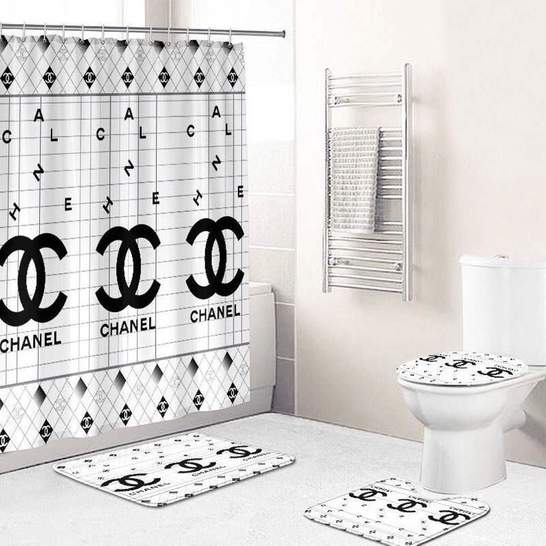 Chanel white logo type 1727 Bathroom Accessory Sets Home Decor Bath Mat Set Luxury Fashion Brand Hypebeast Bathroom Waterproof Shower Curtain Pedestal Rug Bathroom Sets Toilet Cover