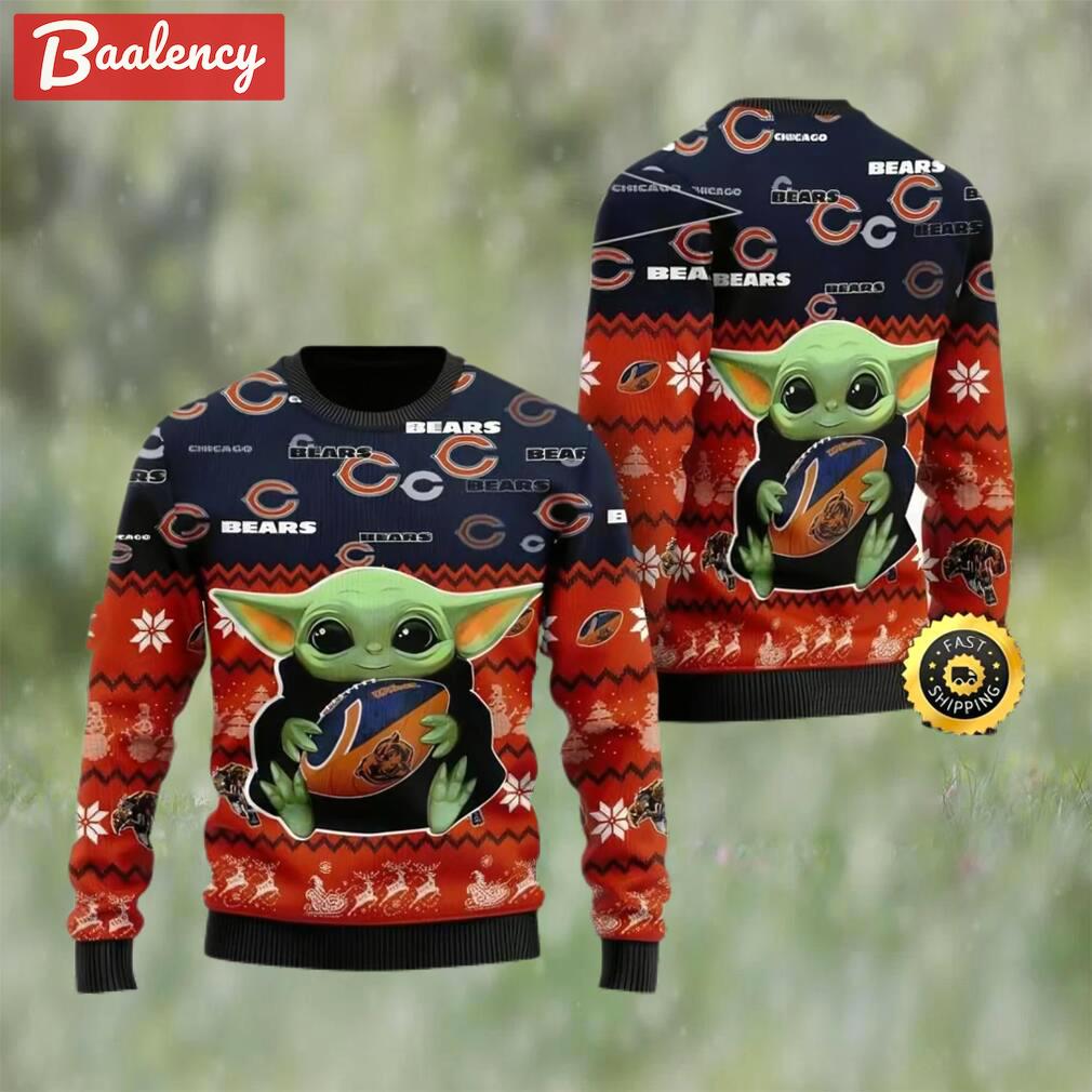 Chicago bears baby yoda ugly christmas sweater, faux wool sweater, national football league, gifts for fans football nfl, football 3d ugly sweater ? prinvity Christmas Ugly Sweater