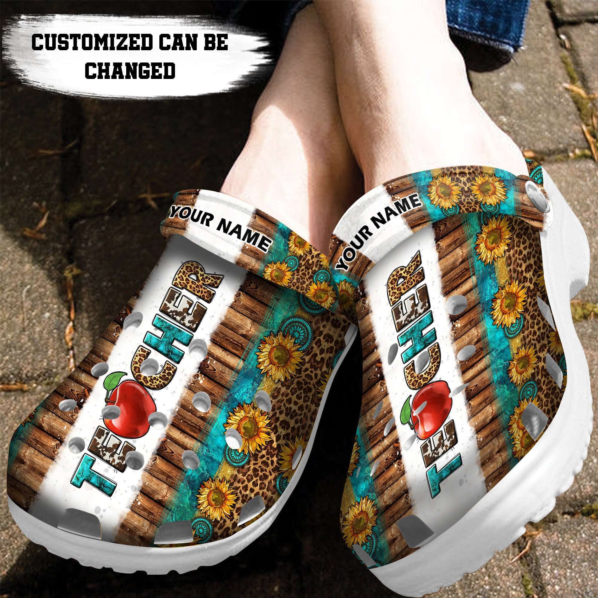 Crocs outfit - custom name sunflower leopard crocs clogs crocband shoes for teacher - 474 Crocs Outfit