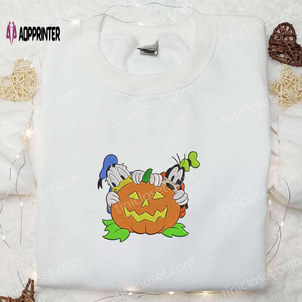 Disney halloween sweatshirt: donald duck & goofy with pumpkin embroidery Embroidered Shirt