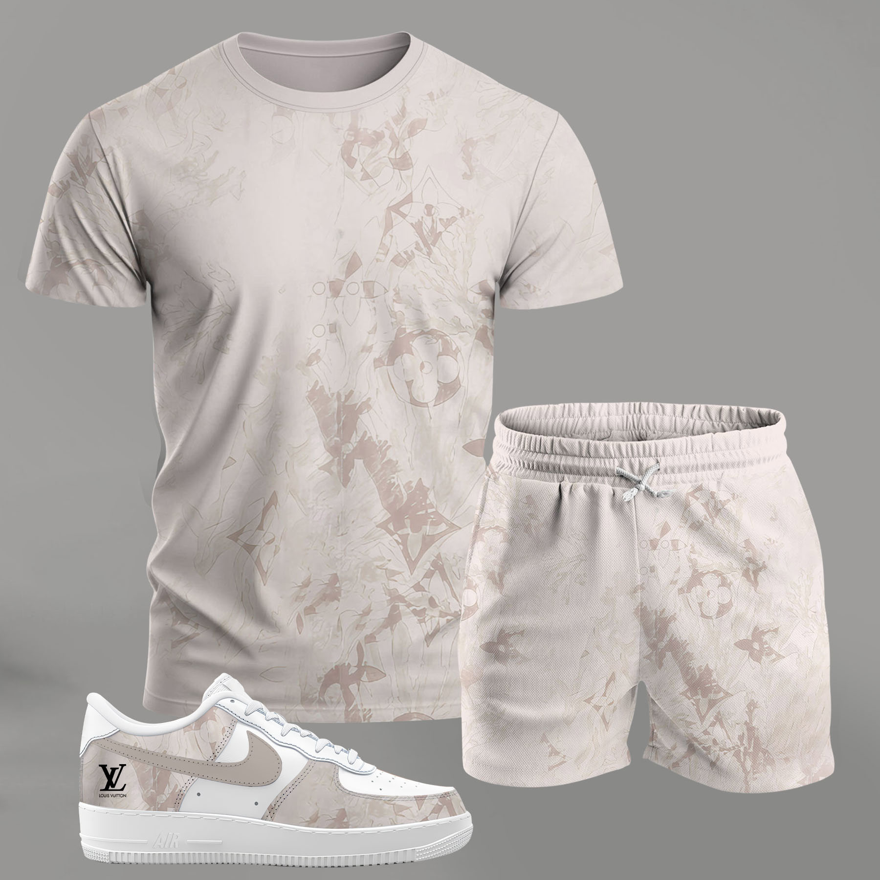 For the girls who love soft neutral tones, beige abstract pattern outfit t-shirt set | minimal aesthetic everyday wear T-Shirt Short Sneakers Set