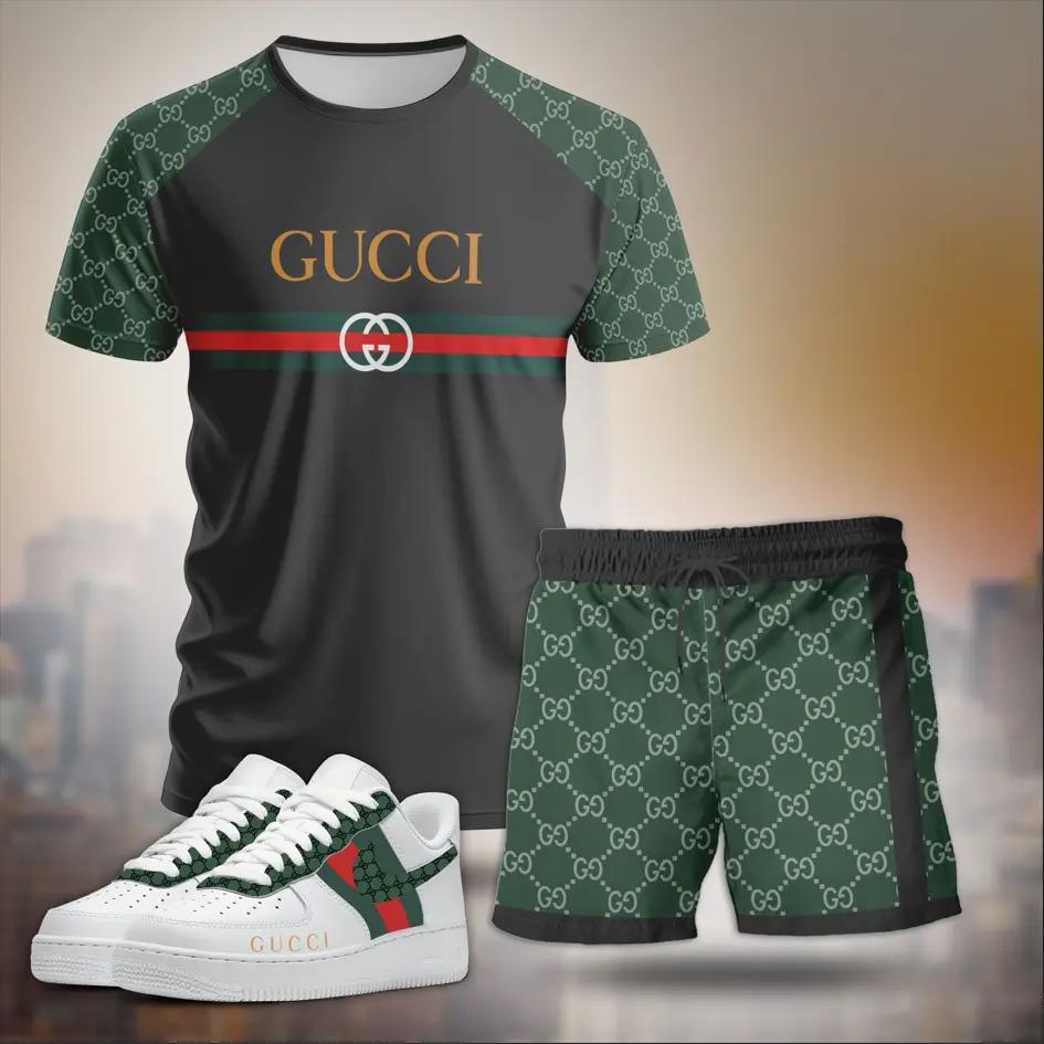 For the girls who love sporty luxe contrast, minimal logo stripe tee outfit t-shirt – black and green monogram print | casual everyday outfit aesthetic ideas T-Shirt Short Sneakers Set