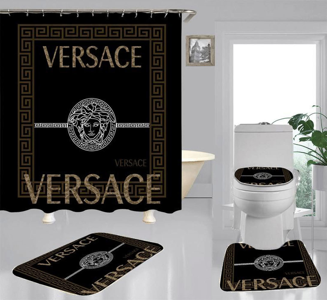 Gianni versace black logo type 1824 Bathroom Accessory Sets Hypebeast Bathroom Toilet Cover Luxury Fashion Brand Home Decor Pedestal Rug Bathroom Sets Waterproof Shower Curtain Bath Mat Set