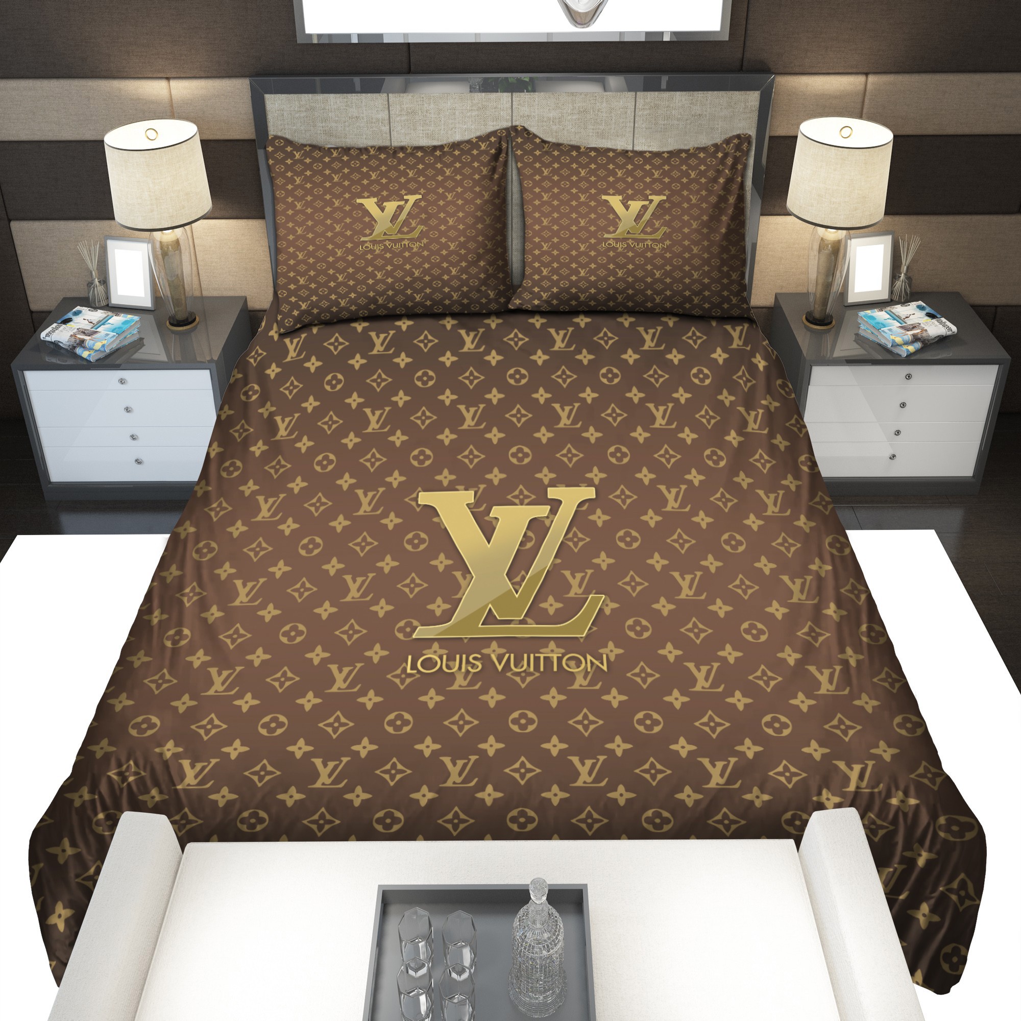 Gold louis vuitton symbol logo bedding sets home decoration Bedding Sets