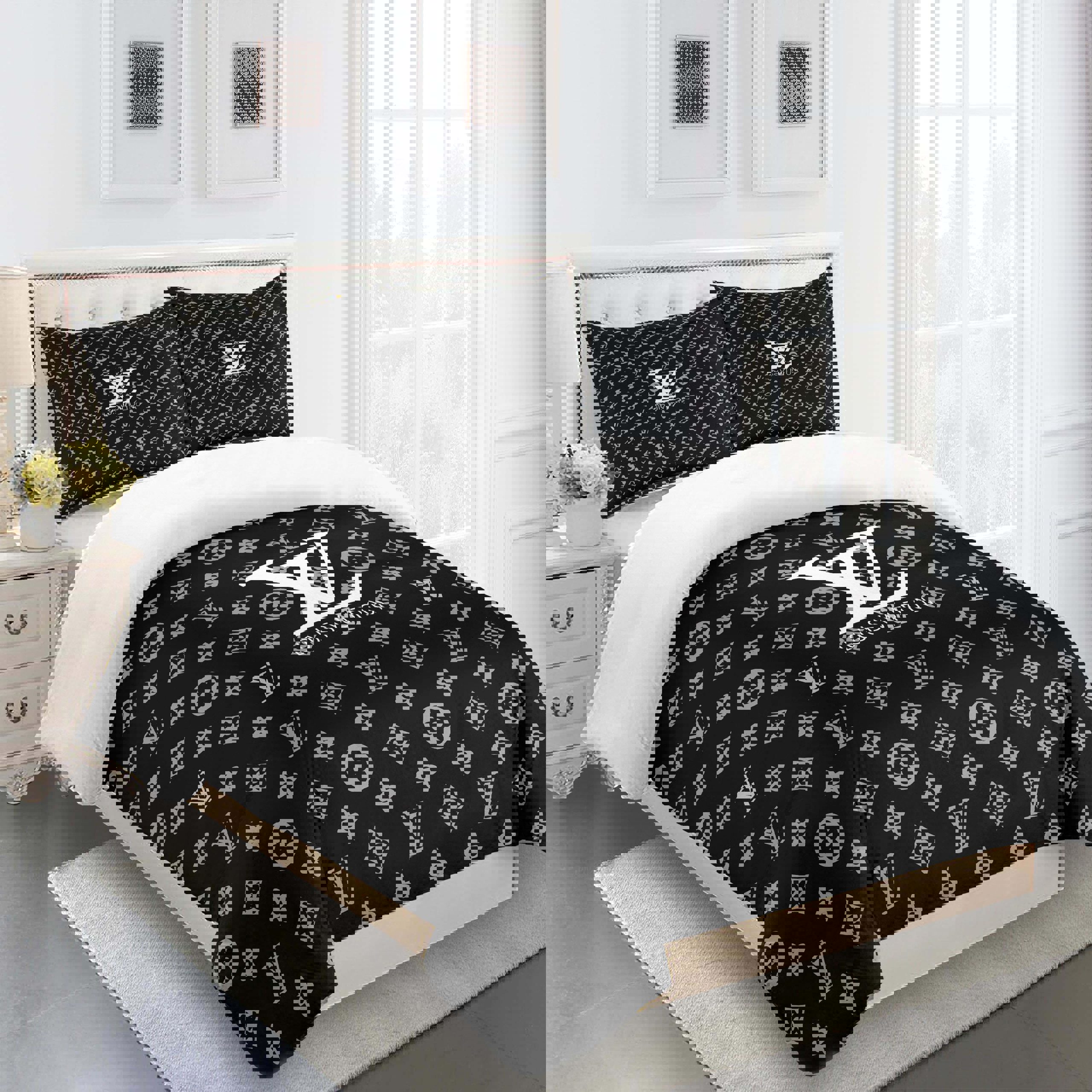Gray black white full louis vuitton logo type 2322 Bedding Sets sheets home decor premium fashion brand hyperbeast Bedroom bedspread covers bedclothes blankets duvet bed linen luxury ideas