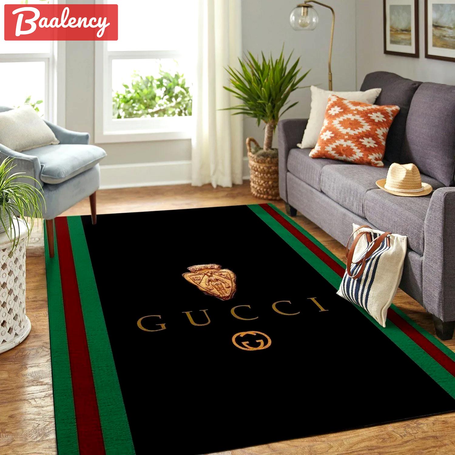 Gucci black logo type 1019. Upgrade Your Living Room with Luxury Home Decor: Area Carpets, Floor Decor, Door Mats, and Hot Gift Items with style a High-End Fashion Brand Rectangle Rug