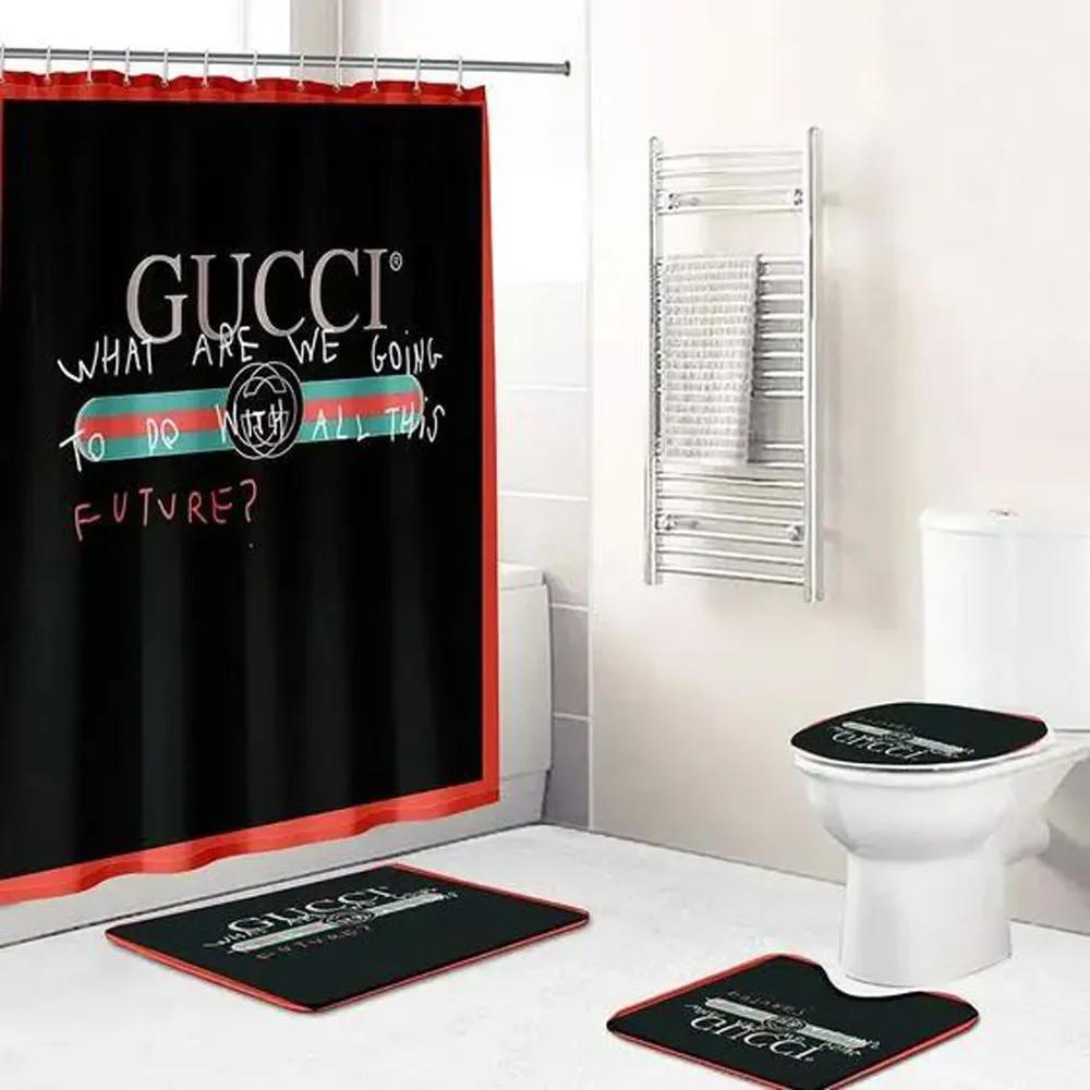 Gucci black logo type 1369 Bathroom Accessory Sets Bathroom Sets Pedestal Rug Home Decor Hypebeast Bathroom Waterproof Shower Curtain Bath Mat Set Luxury Fashion Brand Toilet Cover