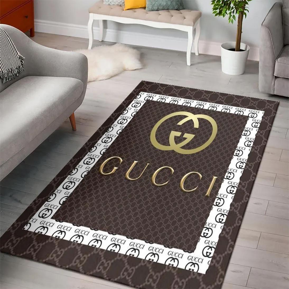 Gucci brown logo type 274. Upgrade Your Living Room with Luxury Home Decor: Area Carpets, Floor Decor, Door Mats, and Hot Gift Items with style a High-End Fashion Brand Rectangle Rug
